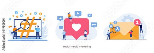 Social media marketing strategy concept, like, email, tags. Flat vector illustration