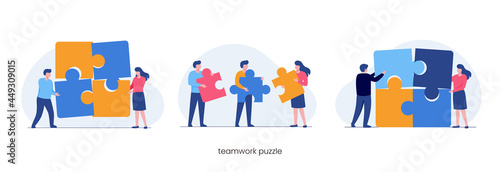 People with puzzle representing teamwork business flat vector illustration banner and landing page