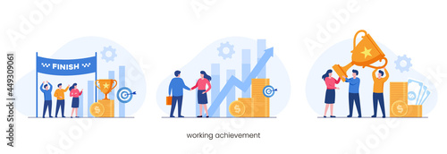 Working achievement, reward, business teamwork, growth profit, flat vector illustration banner