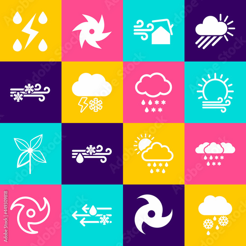 Set Cloud with snow and rain, Wind sun, Tornado swirl, lightning, Storm and icon. Vector