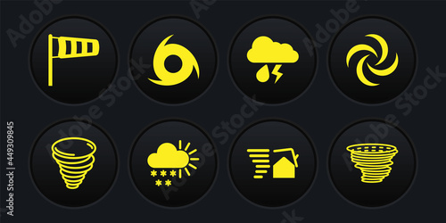 Set Tornado, Cloudy with snow, swirl, rain and lightning, and Cone meteorology windsock wind vane icon. Vector