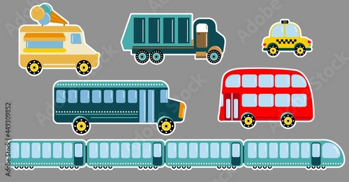 Car stickers set. Garbage truck, bus, double decker bus, train, taxi, ice cream van.