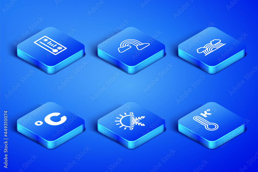 Set Meteorology thermometer, Sun and snowflake, Celsius, Rainbow with clouds and icon. Vector Set Meteorology thermometer, Sun and snowflake, Celsius, Rainbow with clouds and icon. Vector