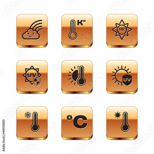 Set Rainbow with cloud, Meteorology thermometer, Celsius, Thermometer sun, UV protection, and icon. Vector
