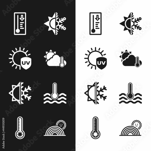 Set Thermometer and cloud, sun, UV protection, Meteorology thermometer, Sun snowflake, Water, Rainbow with and icon. Vector