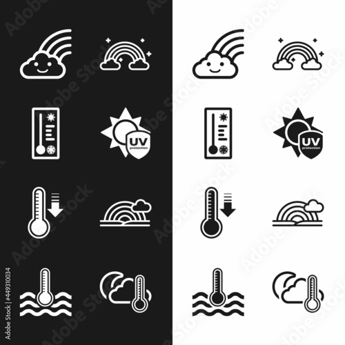 Set UV protection, Meteorology thermometer, Rainbow with cloud, clouds, Thermometer and moon and Water icon. Vector
