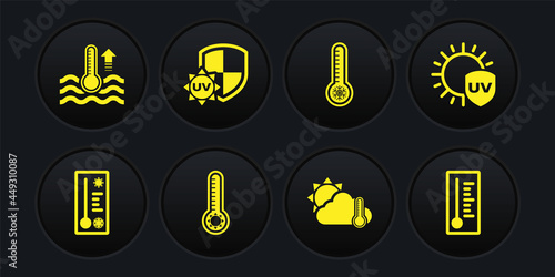 Set Meteorology thermometer, UV protection, Thermometer and cloud, sun, and Water icon. Vector