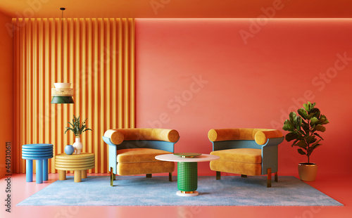 Colorful interior desing of living room  memphis concept  3d render 