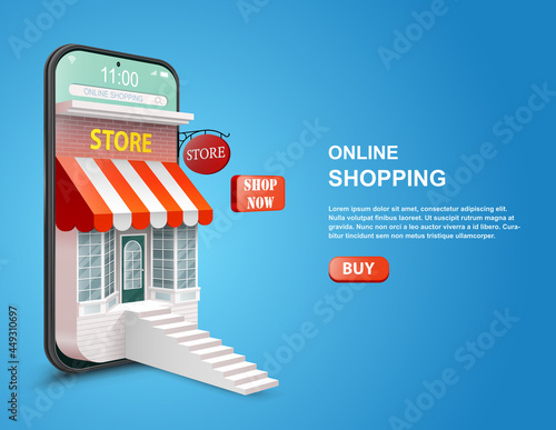 Shopping Online on Mobile Phone Application or Website Concept. Digital Marketing Promotion. Smartphone as a Store 3D Vector Illustration
