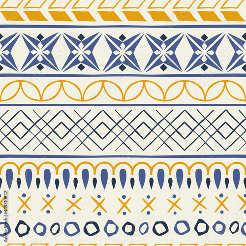 Nordic folk navy mustard ornamental seamless pattern with textured lines and hand made effect of traditional craft. Perfect for cozy hygge home decor, ethnic, fairy tale, viking culture designs.