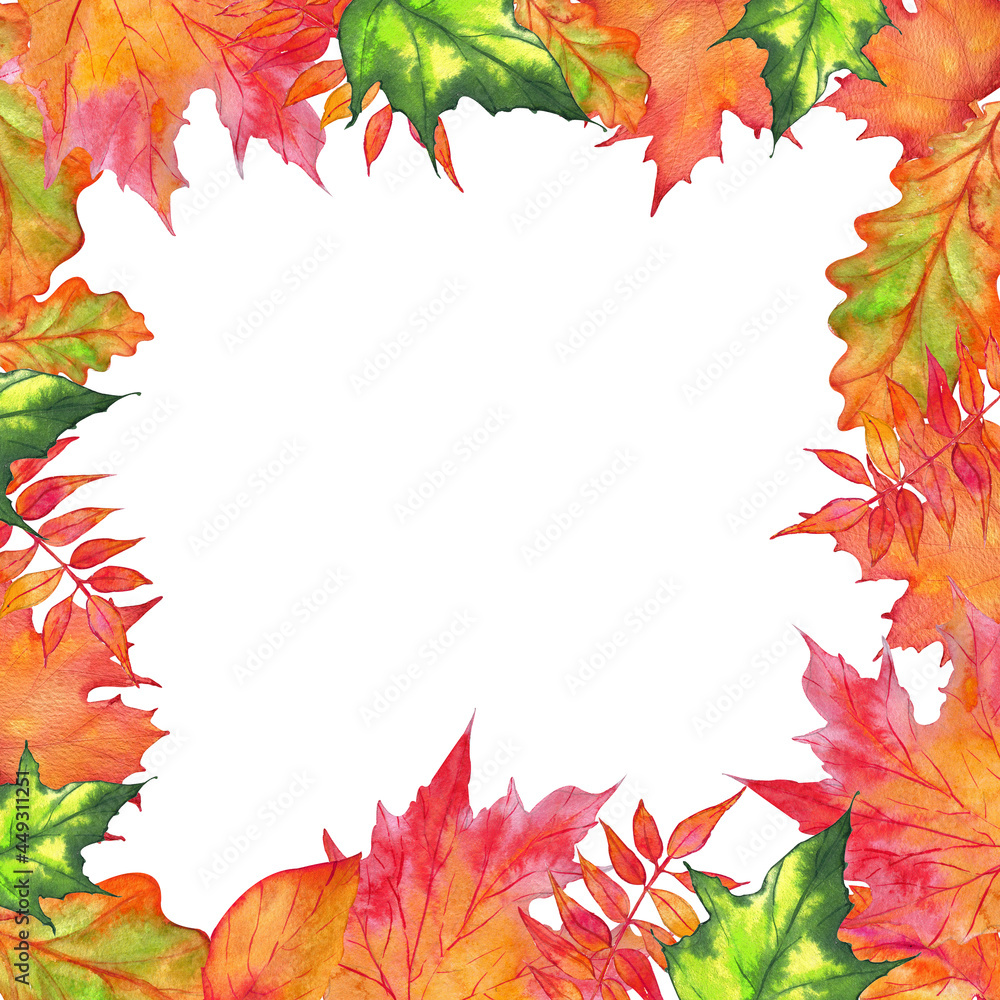 Watercolor banner of leaves and branches isolated on white background. Square frame. Watercolor banner of leaves and branches isolated on white background. Square frame.