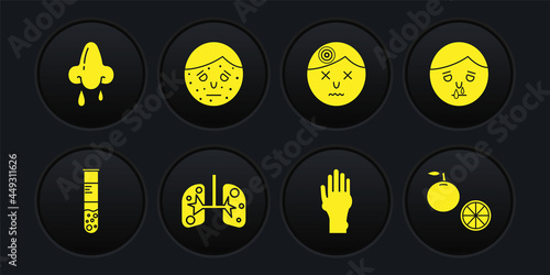 Set Test tube and flask, Runny nose, Lungs, Hand with psoriasis or eczema, Man having headache, Face, Orange fruit and icon. Vector