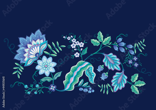 Fantasy flowers in retro, vintage, jacobean embroidery style. Embroidery imitation isolated on black background. Vector illustration.