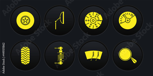 Set Car tire, Speedometer, Shock absorber, Windscreen wiper, brake disk with caliper, mirror and icon. Vector