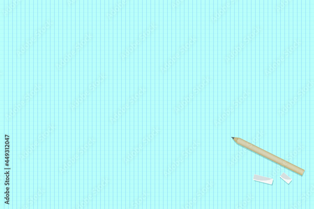 Vector template for drawing. Working wooden table with pencils, an eraser and a sheet of squared notebook. The concept of the location of your work. Drawing lessons at school or a hobby. Vector template for drawing. Working wooden table with pencils, an eraser and a sheet of squared notebook. The concept of the location of your work. Drawing lessons at school or a hobby.