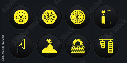 Set Windscreen wiper, Truck side mirror, Gear shifter, Car tire, wheel, gas and brake pedals and icon. Vector