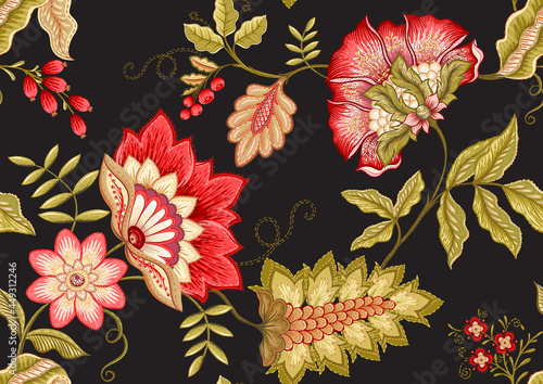 Seamless pattern with stylized ornamental flowers in retro, vintage style. Jacobin embroidery. Colored vector illustration isolated on black background.
