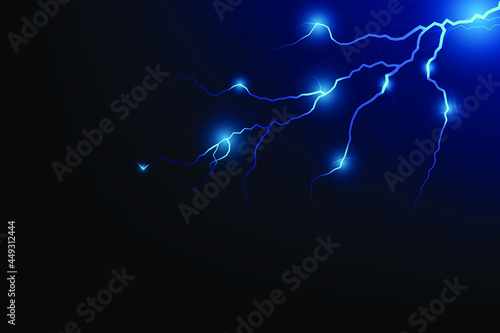 Vector Illustration of Abstract Blue Lightning on Black Background. Blitz Lightning Thunder Light Sparks Storm Flash Thunderstorm. Power Energy Charge Thunder Shock