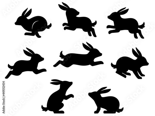 ウサギのシルエットイラストセット（走る、立つ、座る）