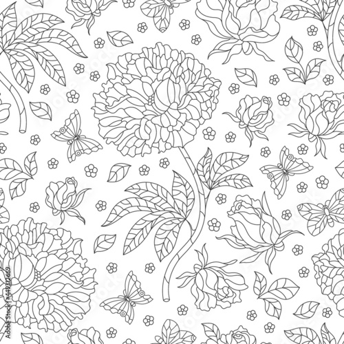 Seamless pattern with rose flowers and butterflies, dark contour flowers and insects on a white background