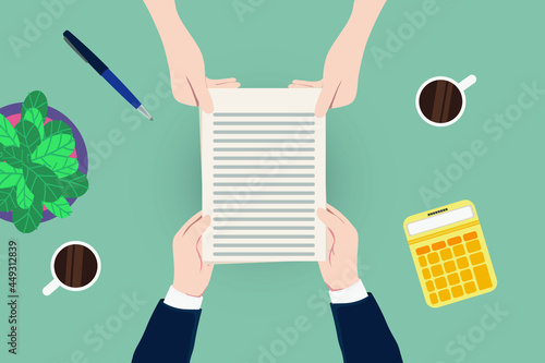 Hands Give Folder Document Papers Share Data Workplace Desk Office Stuff Top Angle View Flat Vector Illustration