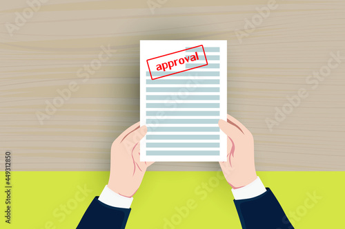 Job application approved. Hand holds job application with approval stamp on it. Modern flat design concept for web banners, web sites, infographic