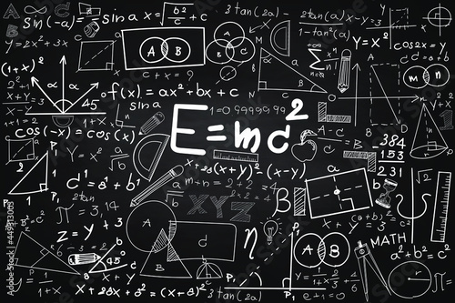Math educational vector seamless pattern with handwritten geometry figures, calculations and equations, "handwritten with chalk on grey blackboard" effect