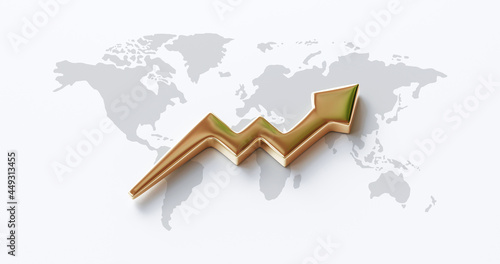 Gold arrow chart of global business and world market stock finance or golden financial money investing graph on success profit concept background with wealth economy graphic symbol. 3D rendering.