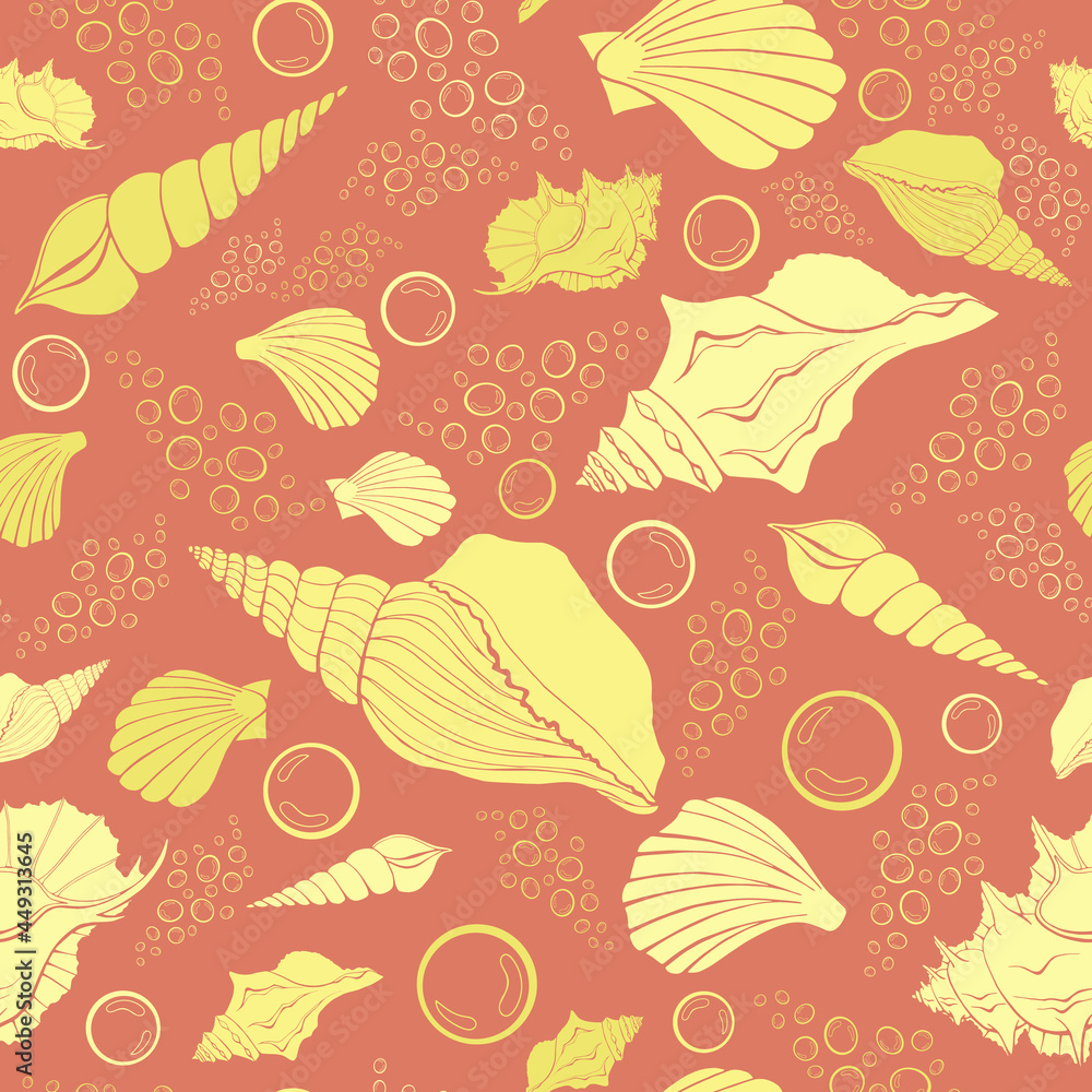 Modern flat outline sea shells, bubbles seamless pattern for fabric, textile, apparel, interior, stationery, wrapping paper, scrapbooking. Trendy marine endless texture. Exotic ocean shells contours.