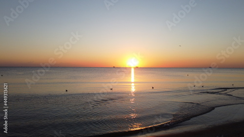 Sun rising over the Baltic Sea with birds floating 