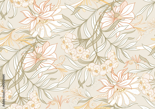 Seamless pattern, background with decorative flowers in art nouveau style, vintage, old, retro style. Vector illustration.