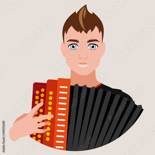 Avatar of a young man holding an accordion in his hands. Accordionist. Musical concept. Flat vector illustration.