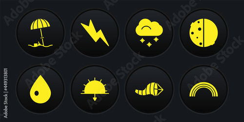 Set Water drop, Eclipse of the sun, Sunset, Cone meteorology windsock wind vane, Cloud with snow, Lightning bolt, Rainbow and protective umbrella for beach icon. Vector