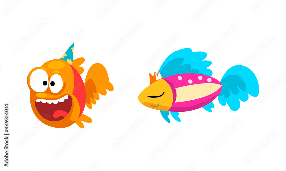 Obraz premium Funny Fish Character in Birthday Hat Floating Celebrating Holiday Vector Set