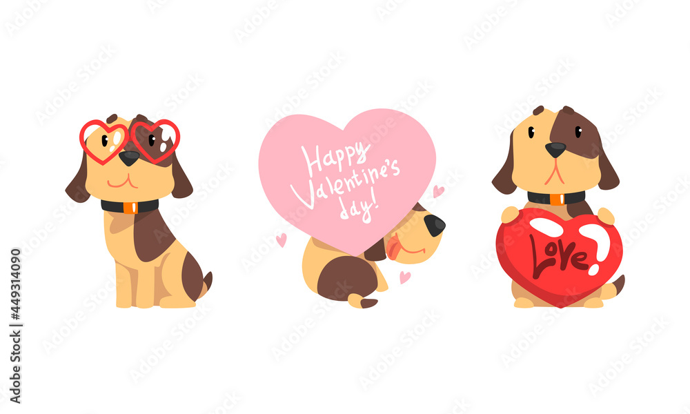 Fototapeta premium Funny Jack Russell Terrier Dog with Red Valentine Heart Vector Set
