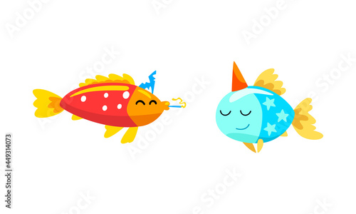 Funny Fish Character in Birthday Hat Floating Celebrating Holiday Vector Set