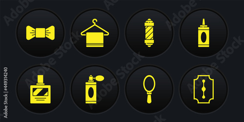 Set Aftershave, Bottle of shampoo, bottle with atomizer, Hand mirror, Classic Barber shop pole, Towel on hanger, Blade razor and Bow tie icon. Vector