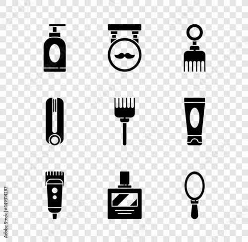 Set Cream or lotion cosmetic tube, Barbershop, Hairbrush, Electrical hair clipper shaver, Aftershave, Hand mirror, Curling iron for and icon. Vector