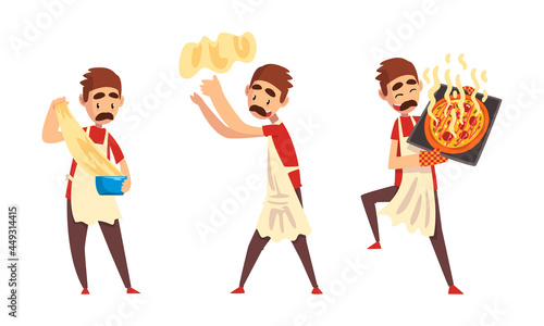 Moustached Male Pizza Maker in Apron Preparing Italian Pizza Kneading and Tossing Dough Vector Set