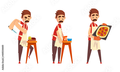Moustached Male Pizza Maker in Apron Preparing Italian Pizza Kneading Dough and Cutting Ingredients Vector Set