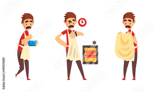Moustached Male Pizza Maker in Apron Preparing Italian Pizza Kneading and Forming Dough Vector Set