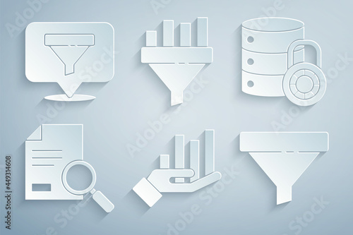 Set Pie chart infographic, Server security with lock, Document search, Sales funnel, and Location sales icon. Vector
