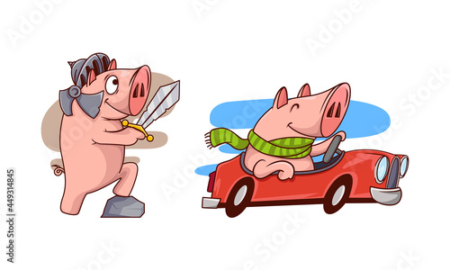 Pink Pig Playing Knight Wearing Helmet Holding Sword and Driving Car Vector Set
