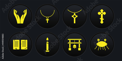 Set The commandments, Christian cross, Burning candle, Japan Gate, on chain, Pastafarianism and Hands praying position icon. Vector