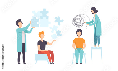 Man Having Mental Disorder and Psychic Illness Engaged in Psychotherapy and Treatment Vector Set