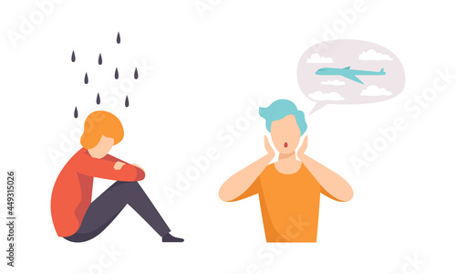 Man Having Mental Disorder and Psychic Illness Vector Set