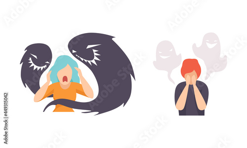 Man and Woman Having Mental Disorder and Psychic Illness Vector Set