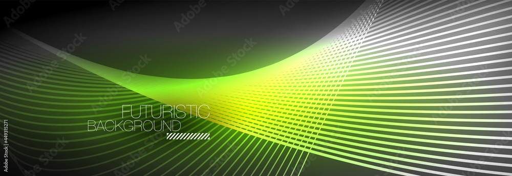 Abstract neon glowing light in the dark with waves. Shiny magic energy and motion concept, vector abstract wallpaper background Abstract neon glowing light in the dark with waves. Shiny magic energy and motion concept, vector abstract wallpaper background