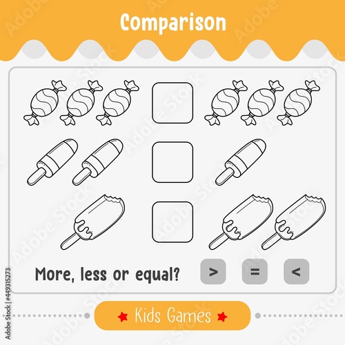 Math game comparison of Number for kids. More, less or equal math game education