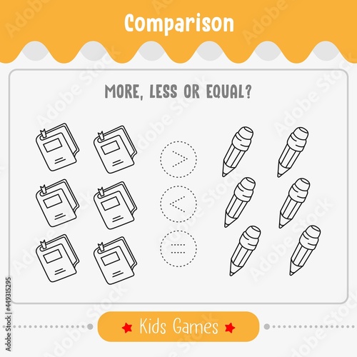 Math game comparison of Number for kids. More, less or equal math game education